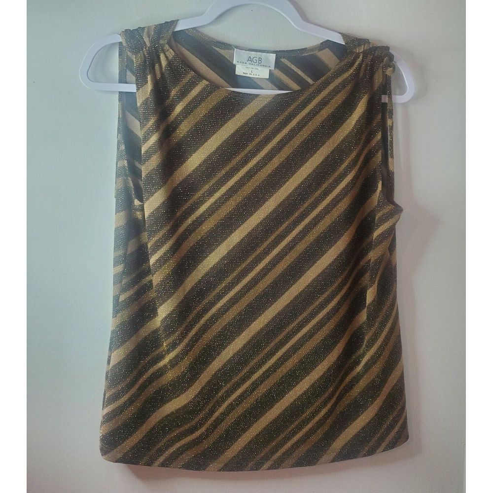 AGB Womens Top Large Gold‎ Black Round Neck Tank Casual Ladies Striped Brown